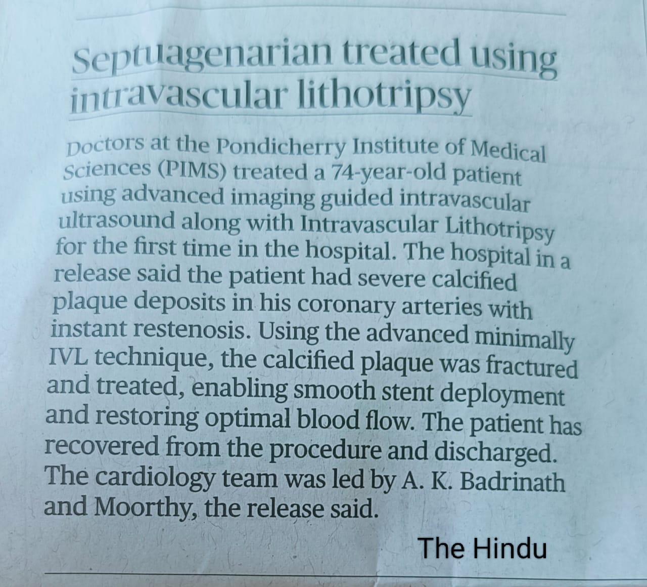 Septuagenarian treated using intravascular lithotripsy